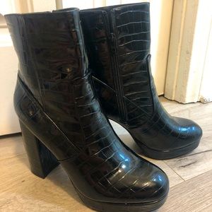 Black faux crocodile skin ankle boots